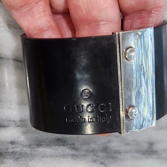 Gucci 925 Silver & Black Leather Cuff Bracelet in Box - Picture 8 of 13